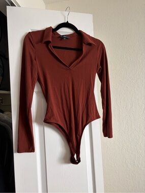 Lulu's Rust Red Long Sleeve Collared Bodysuit